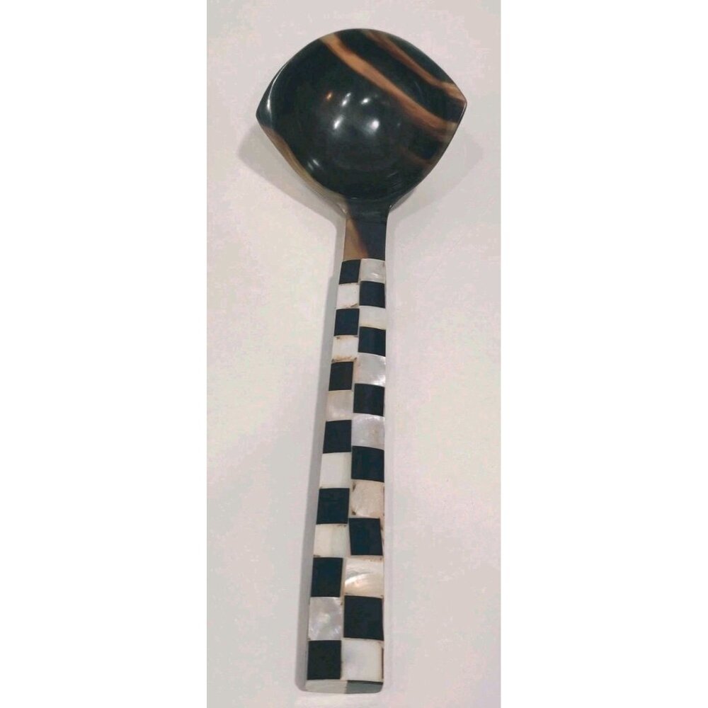 Vtg Polished Buffalo Horn? Black And White Mother Of Pearl Handle Ladle 13" OOAK